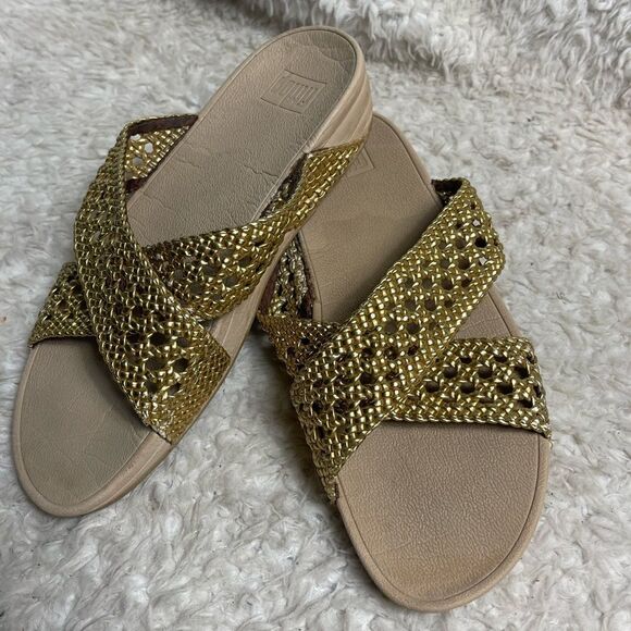Fitflop Metallic Gold Cross-Strap Sandals - Picture 5 of 11